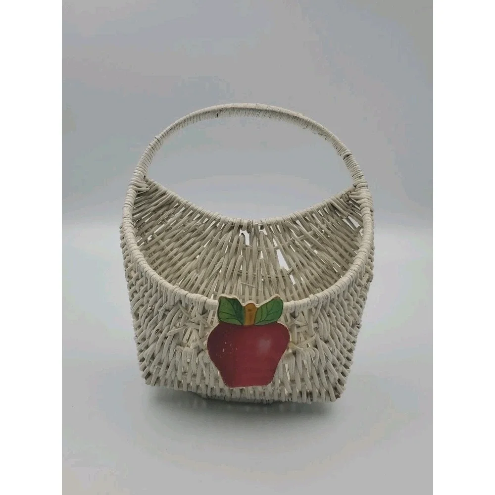 Vintage White Wicker Wall Or Standing Basket Organizer Fruit Mail Holder Rustic